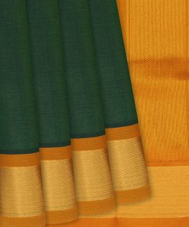 Bottle Green Handloom Silk Cotton Saree with contrast orange border and pallu
