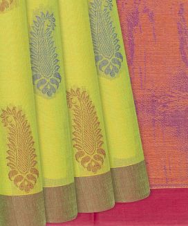 Pista Green Handloom Village Cotton Saree With Mango Motifs
