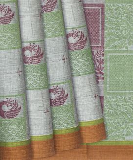 Cardamom Green Handloom Village Cotton Saree With Animal Motifs

