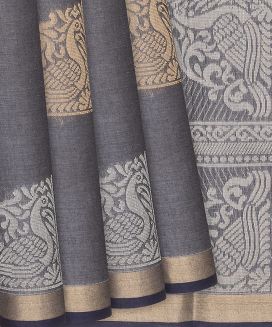 Dark Grey Handloom Village Cotton Saree With Annam Motifs
