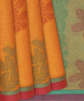 Orange Handloom Village Cotton Saree With Flower Motifs

