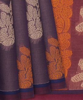 Purple Handloom Village Cotton Saree With Floral Motifs
