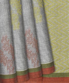 Grey Handloom Village Cotton Saree With Floral Motifs
