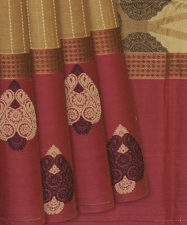 Chocolate Handloom Village Cotton Saree With Stripes and Floral Motifs
