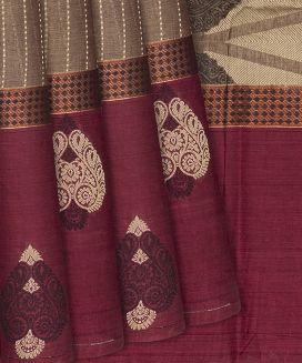 Brown Handloom Village Cotton Saree With Stripes and Floral Motifs
