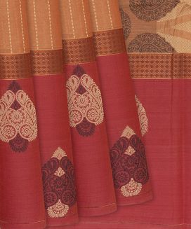 Camel Handloom Village Cotton Saree With Stripes and Floral Motifs
