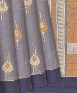 Lavender Handloom Village Cotton Saree With Floral Motifs and Stripes
