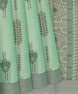 Pista Green Handloom Village Cotton Saree With Floral Motifs and Stripes
