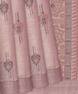 Chestnut Pink Handloom Village Cotton Saree With Floral Motifs and Stripes