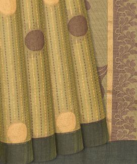 Olive Green Handloom Village Cotton Saree With Coin Motifs and Stripes

