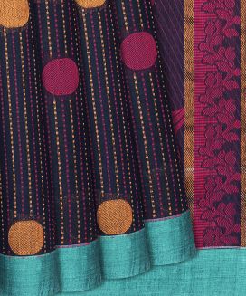 Midnight Blue Handloom Village Cotton Saree With Coin Motifs and Stripes
