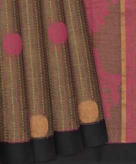 Brown Handloom Village Cotton Saree With Coin Motifs and Stripes
