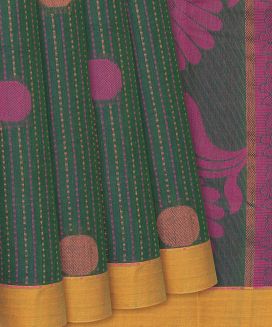 Bottle Green Handloom Village Cotton Saree With Coin Motifs and Stripes
