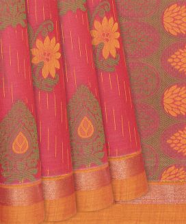 Hot Pink Handloom Village Cotton Saree With Floral Motifs
