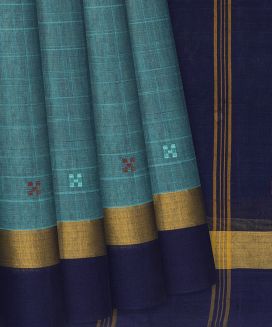 Turquoise Handloom Rasipuram Cotton Saree With Square Motifs
