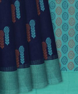 Midnight Blue Handloom Rasipuram Cotton Saree With Traditional Motifs