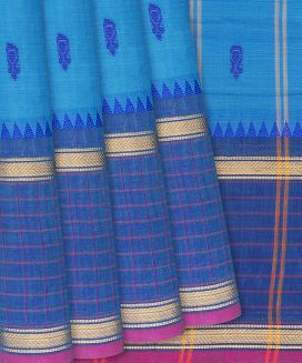 Cyan Handloom Chettinad Cotton Saree With Temple Border Motifs

