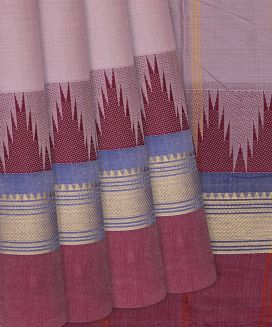 Dusty Pink Handloom Chettinad Plain Cotton Saree With Temple Border Motifs
