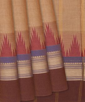 Beige Handloom Chettinad Plain Cotton Saree With Temple Border Motifs
