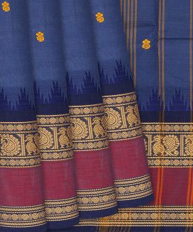 Blue Handloom Chettinad Cotton Saree With Kamalam Motifs
