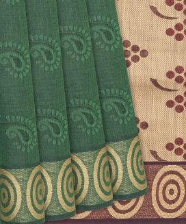 Dark Green Handloom Village Cotton Saree With Floral Motifs
