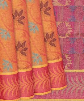 Orange Handloom Village Cotton Saree With Floral Motifs

