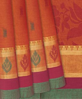 Orange Handloom Village Cotton Saree With Floral Motifs
