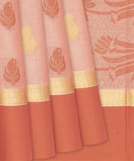 Peach Handloom Village Cotton Saree With Floral Motifs
