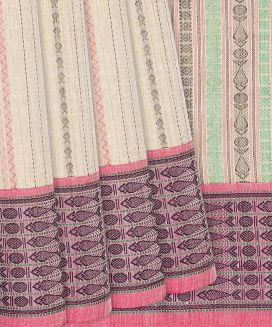 Beige Handloom Village Cotton Saree With Stripes
