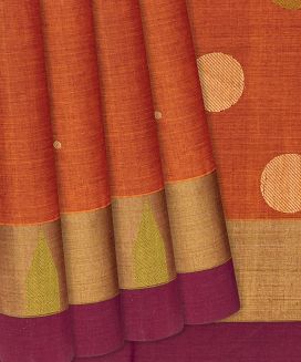 Orange Handloom Village Cotton Saree With Coin Buttas
