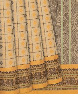 Sandal Handloom Village Cotton Saree With Checks and Animal motifs
