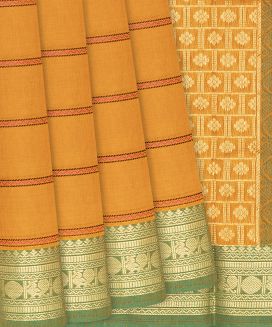 Turmeric Yellow Handloom Village Cotton Saree With Stripes and Animal motifs
