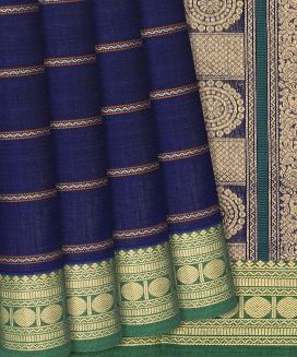Dark Blue Handloom Village Cotton Saree With Stripes and Animal motifs
