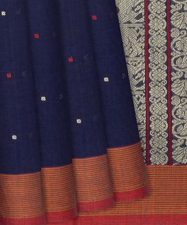 Dark Blue Handloom Village Cotton Saree With Square Buttas and Animal motifs
