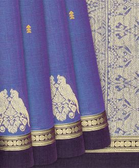 Purple Handloom Village Cotton Saree With Animal Motifs 
