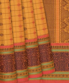 Yellow Handloom Village Cotton Saree With Checks and Animal motifs
