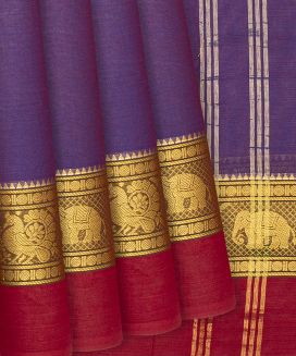 Purple Handloom Chettinad Plain Cotton Saree With Animal Motifs
