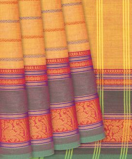 Yellow Handloom Chettinad Cotton Saree With Stripes
