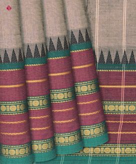 Beige Handloom Chettinad Cotton Saree With Butta And Temple Border Motifs
