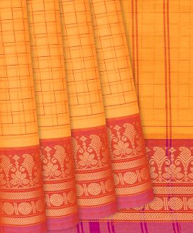 Yellow Handloom Chettinad Cotton Saree With Checks
