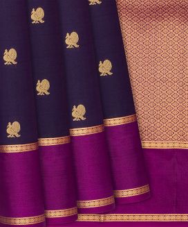 Purple Kanchipuram Silk Saree With Peacock motifs and cotrast boder & pallu

