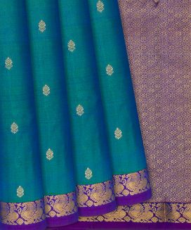 Teal Kanchipuram Silk Saree With contrast border & pallu
