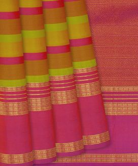 Multi Colour Kanchipuram Silk Saree With contrast Pink border and pallu
