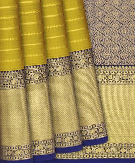 Olive Green Kanchipuram Silk Saree With Stripes and contrast border & pallu