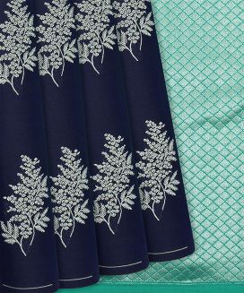 Midnight Blue Kanchipuram Silk Saree With  contrast teal border and pallu 

