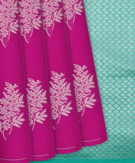 Hot Pink Kanchipuram Silk Saree With  contrast teal border and pallu 

