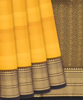 Yellow Kanchipuram Silk Saree With Stripes and contrast border & pallu
