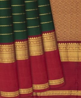 Dark Green Kanchipuram Silk Saree With stripes and contrast border & pallu
