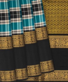 Multi Colour Checks Kanchipuram Silk Saree With  Black contrast  border & pallu
