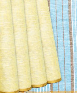 Lemon Yellow Handloom Cotton Linen Plain Saree
